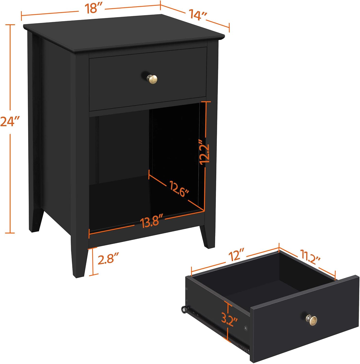 Black 2 Tier Wood Side Table with 1 Drawer and Bottom Shelf W20780