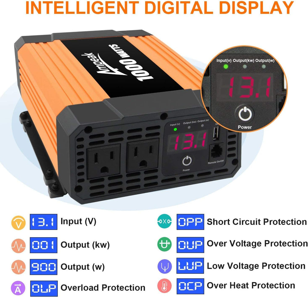 2000W Power Inverter 12V to 110V Digital LCD Display 3AC Outlets 2.1A USB D3899