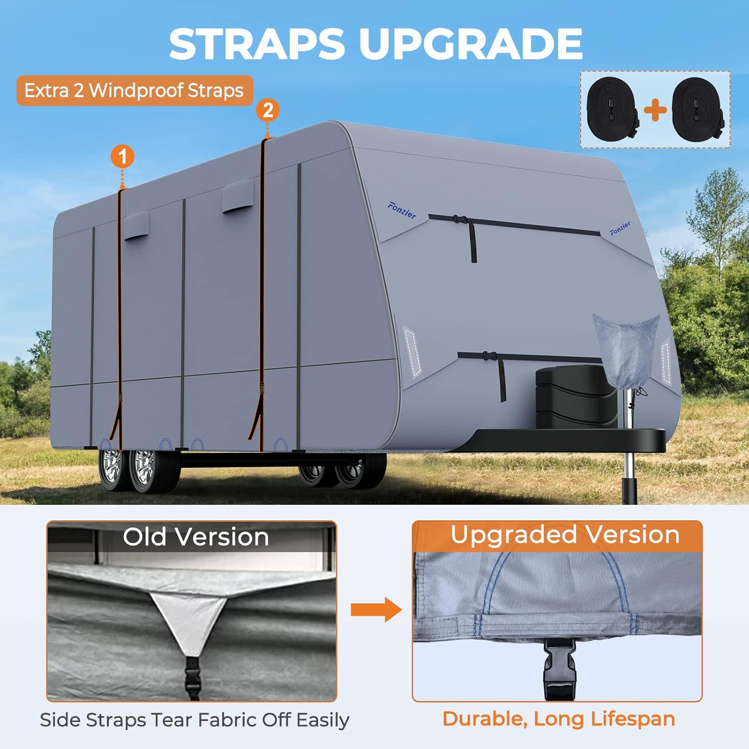 Waterproof 210D Travel Trailer RV Cover Windproof Breathable for 26'1"-28'6" with 4 Gutter Spout Covers Tongue Jack Cover Extra 2 Windproof Straps A2334