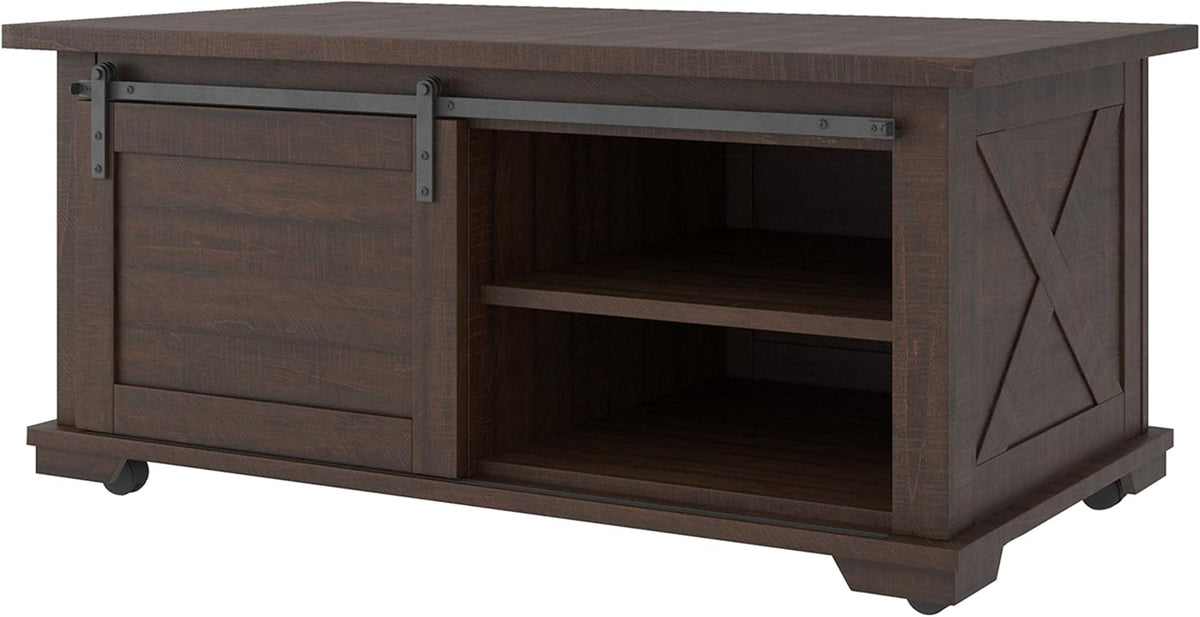 Farmhouse Rectangular Coffee Table with Sliding Barn Doors, Dark Brown R27294