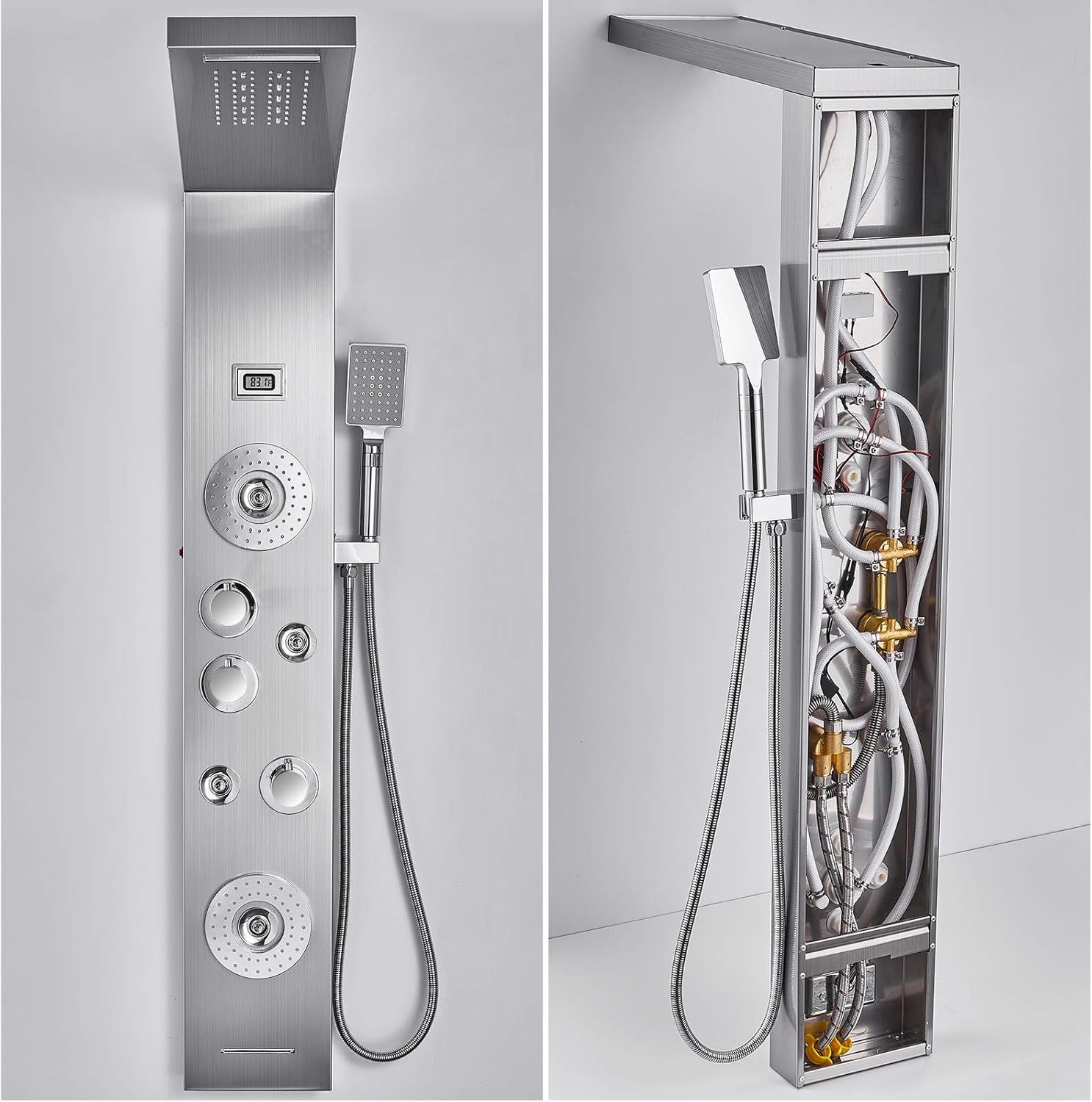 Shower Panel with LED Rainfall Waterfall Showerhead, 4 Mist Jets, 2 Body Sprays, Handheld and Waterfall Tub Spout, Stainless Steel Brushed B1236
