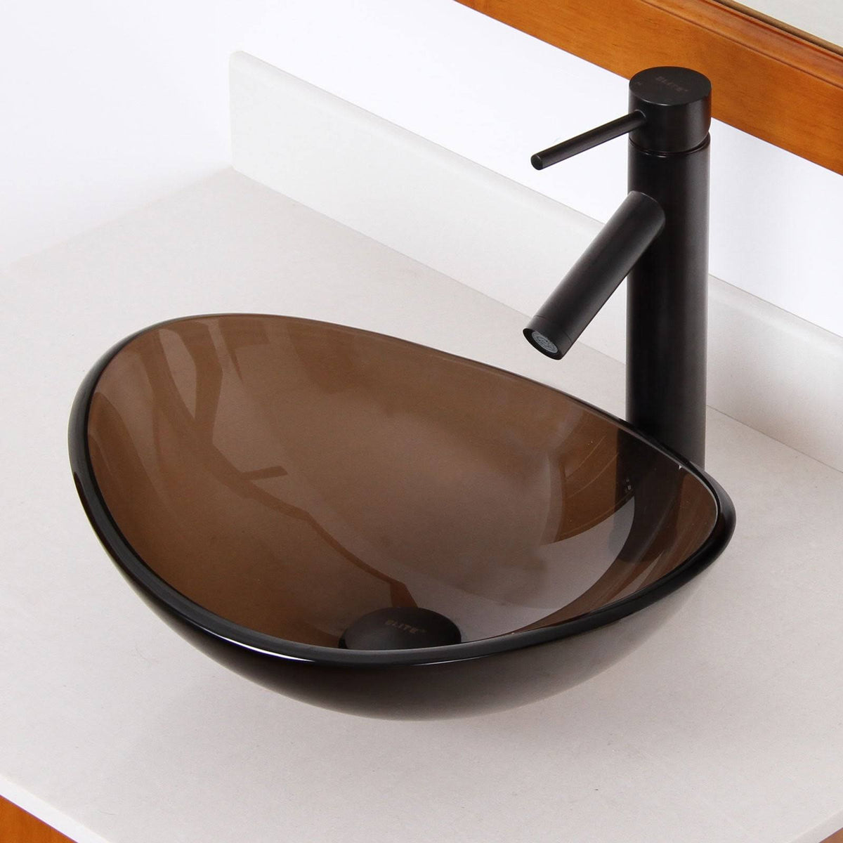 Oval Transparent Brown Tempered Glass Bathroom Vessel Sink with Chrome Finish Faucet T5895