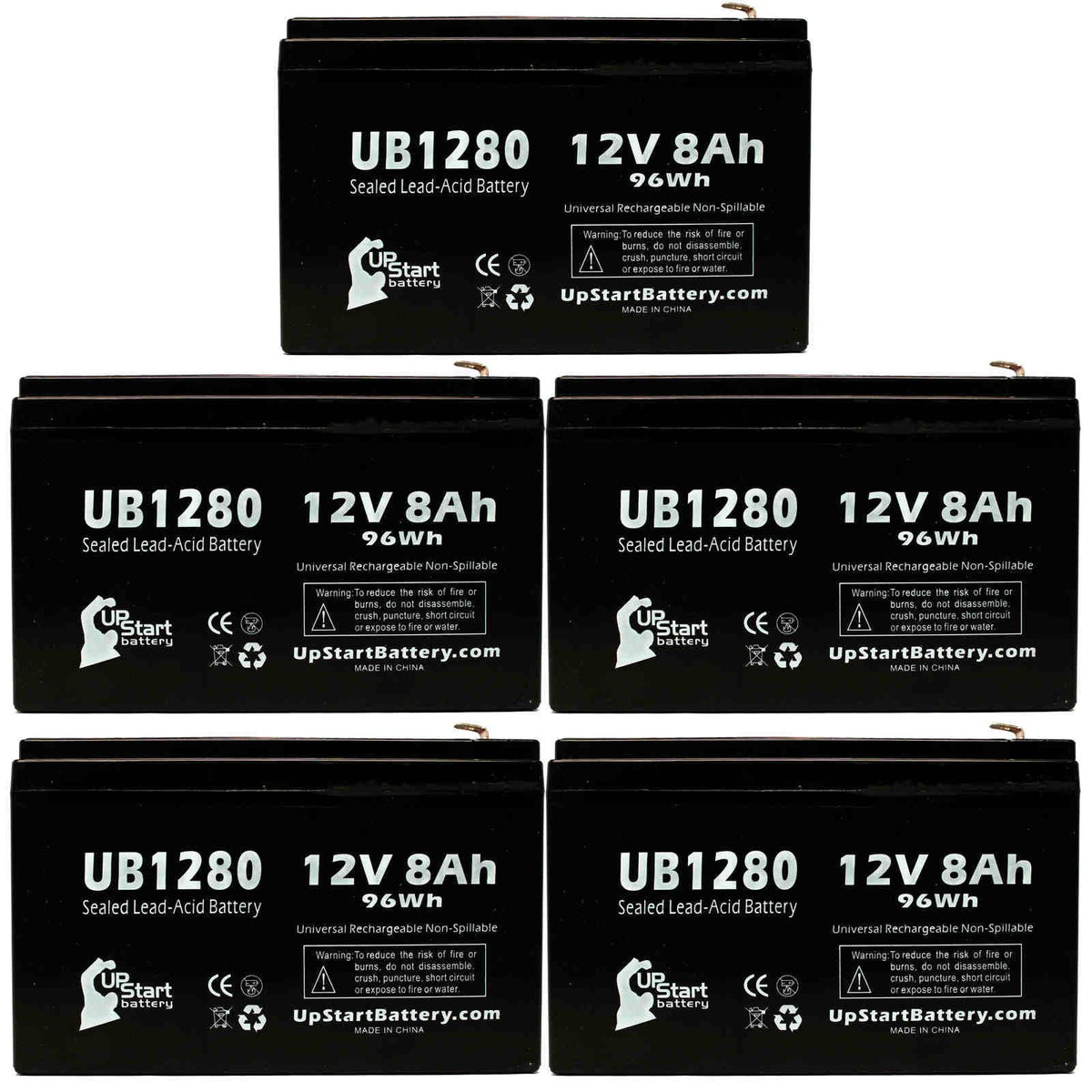 5x Pack Replacement Sealed Lead Acid Battery (12V, 8Ah, 8000mAh, F1 Terminal, AGM, SLA) with 10 F1 to F2 Terminal Adapters P54520