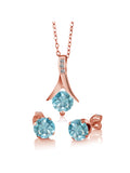 18K Rose Gold Plated Silver Blue Zircon and White Diamond Pendant and Earrings Jewelry Set D9911