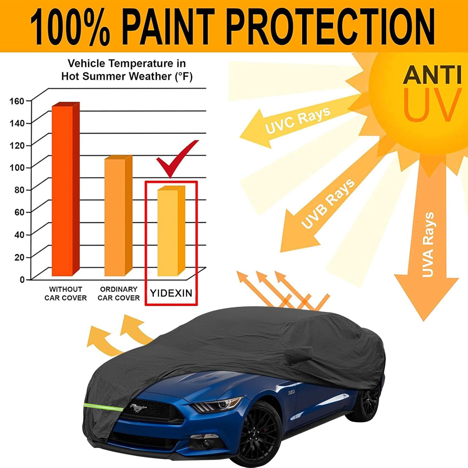 Waterproof Car Cover for Ford Mustang, 210D, Up to 192” L (Black) C895