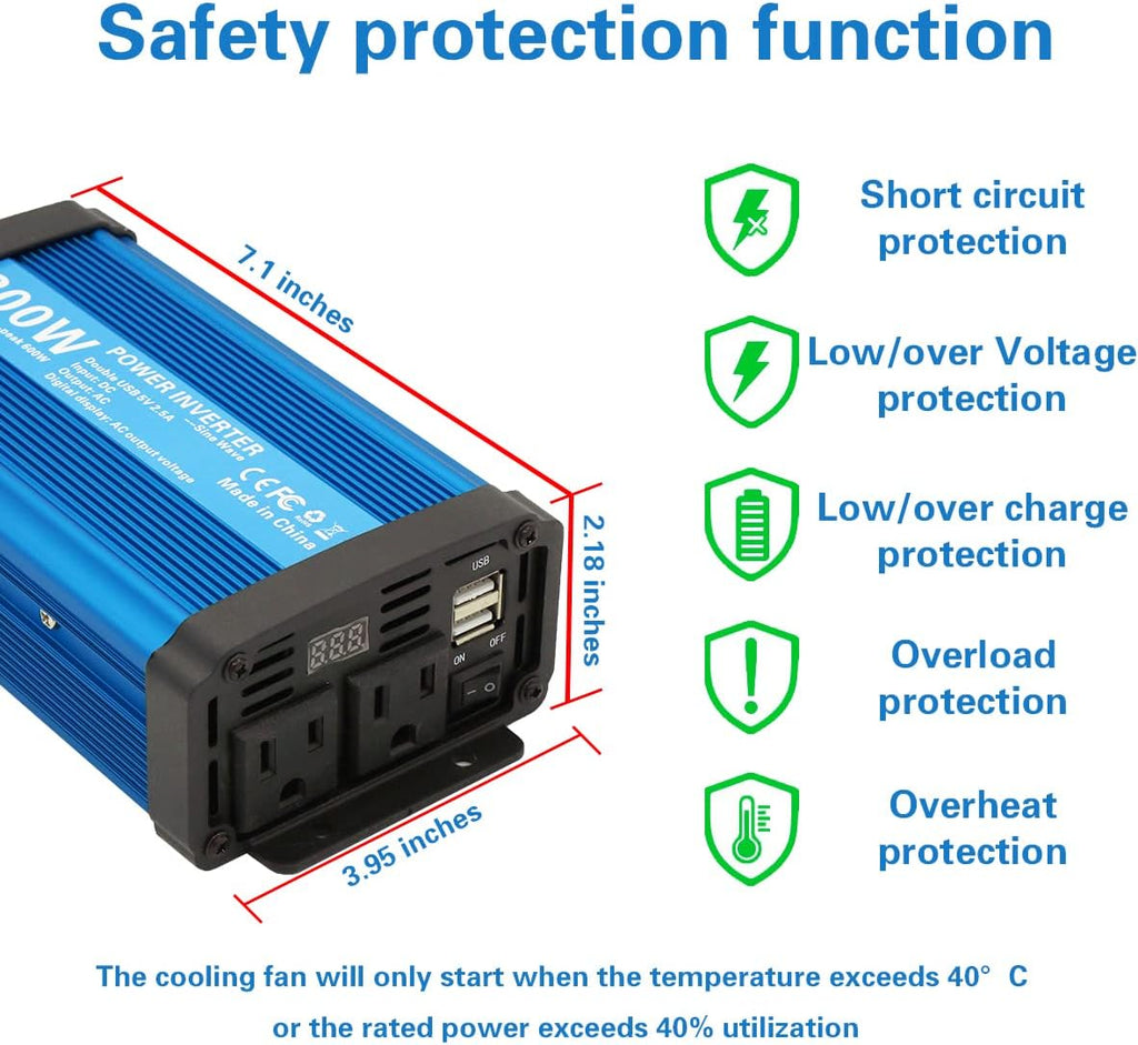 300W Pure Sine Wave Power Inverter DC 12V to 110V AC with 2.4A Dual USB, Pack of 2 K6966