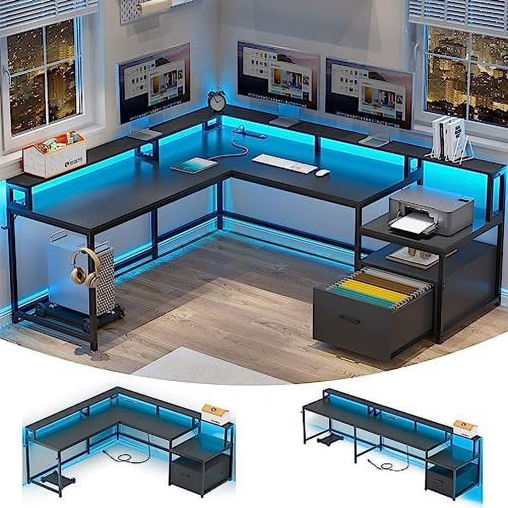 L Shaped Gaming Desk with File Drawer and Power Outlet R730