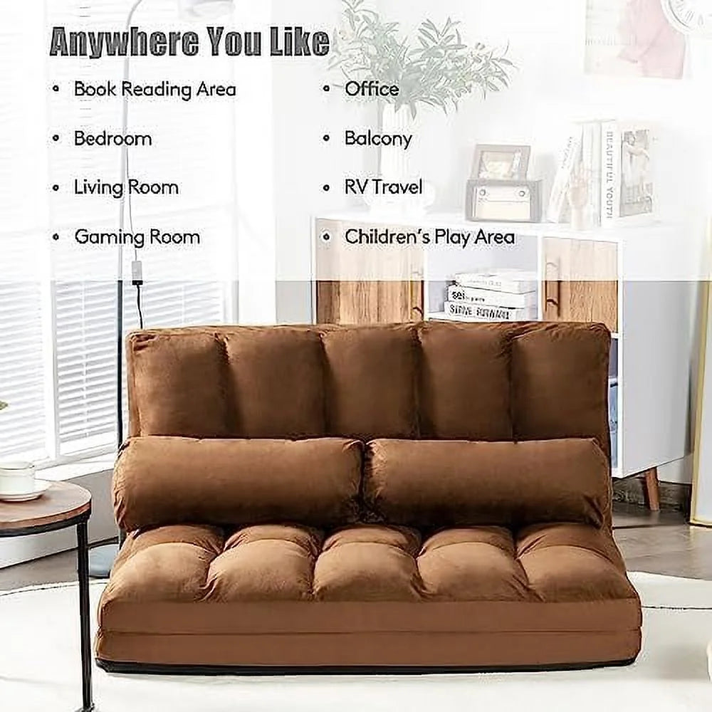 Gray 6-Position Fabric Folding Sofa Bed with 2 Pillows C273