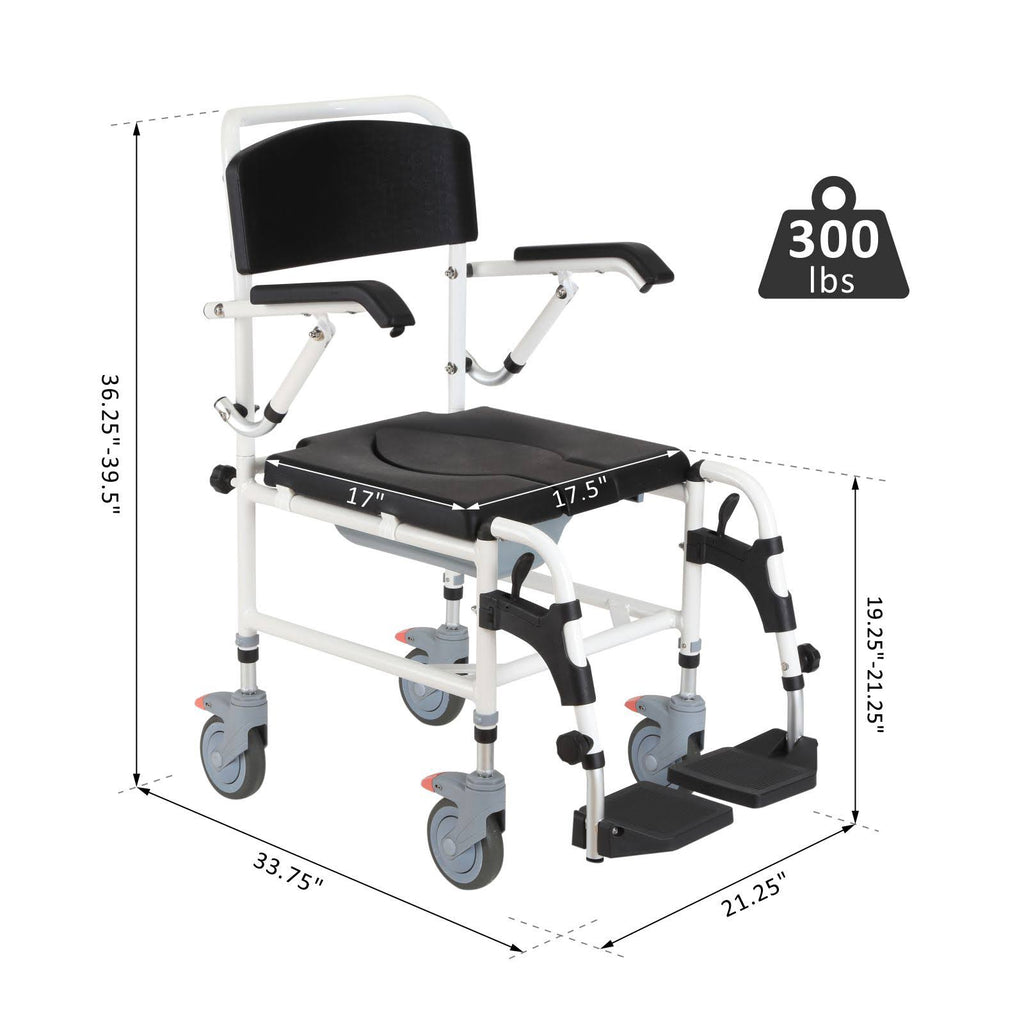 Black Commode Wheelchair with 4 Castor Wheels and Detachable Bucket D4305