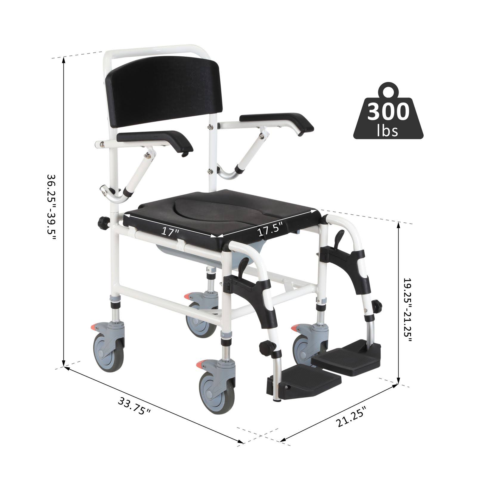 Black Commode Wheelchair with 4 Castor Wheels and Detachable Bucket D4305
