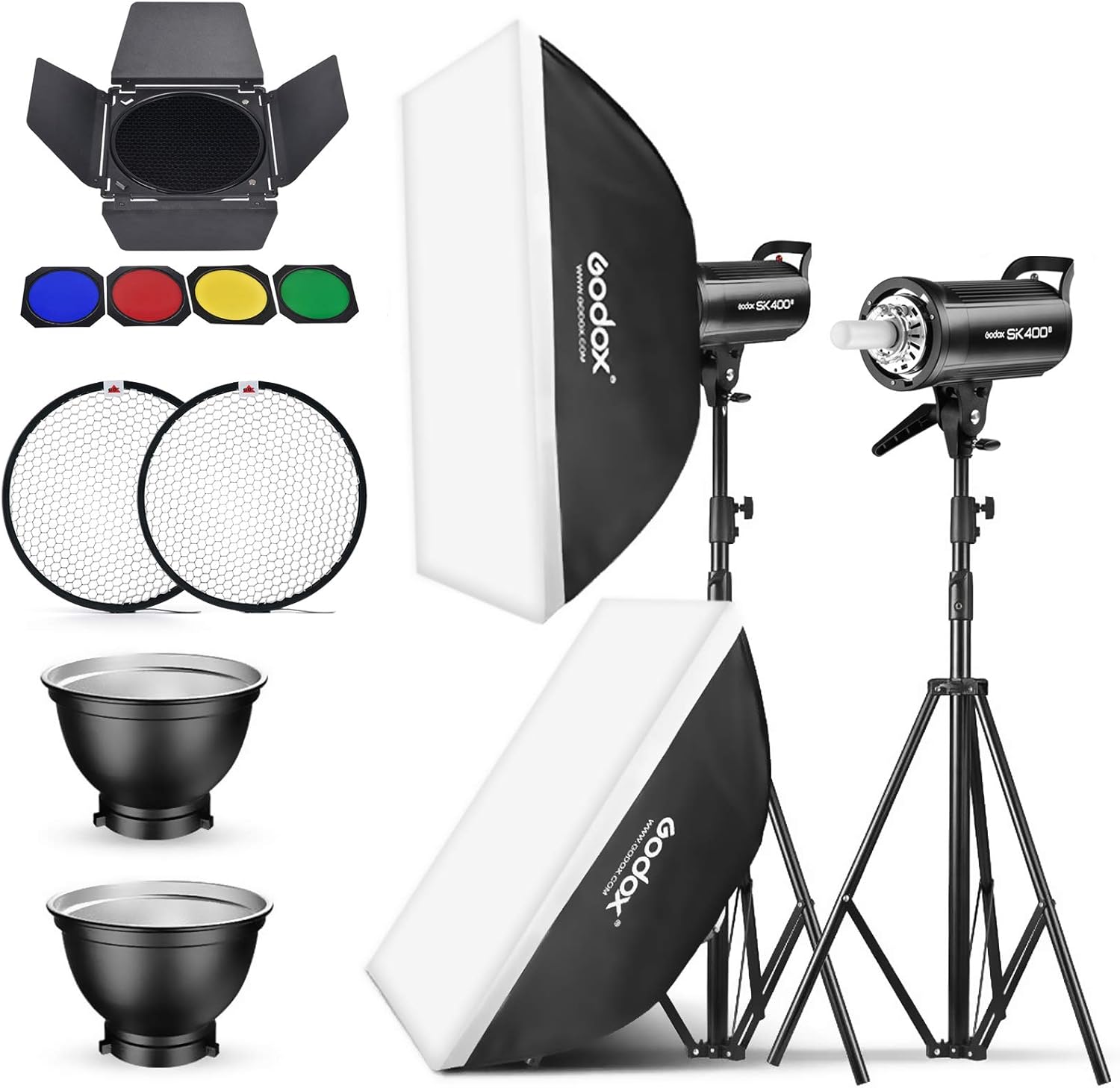 2 Pack 800Ws Photo Speedlite Studio Flash Strobe Monolight Bowens Mount Kit with Softbox, Light Stand, Barn Door Kit, Reflector Y78865