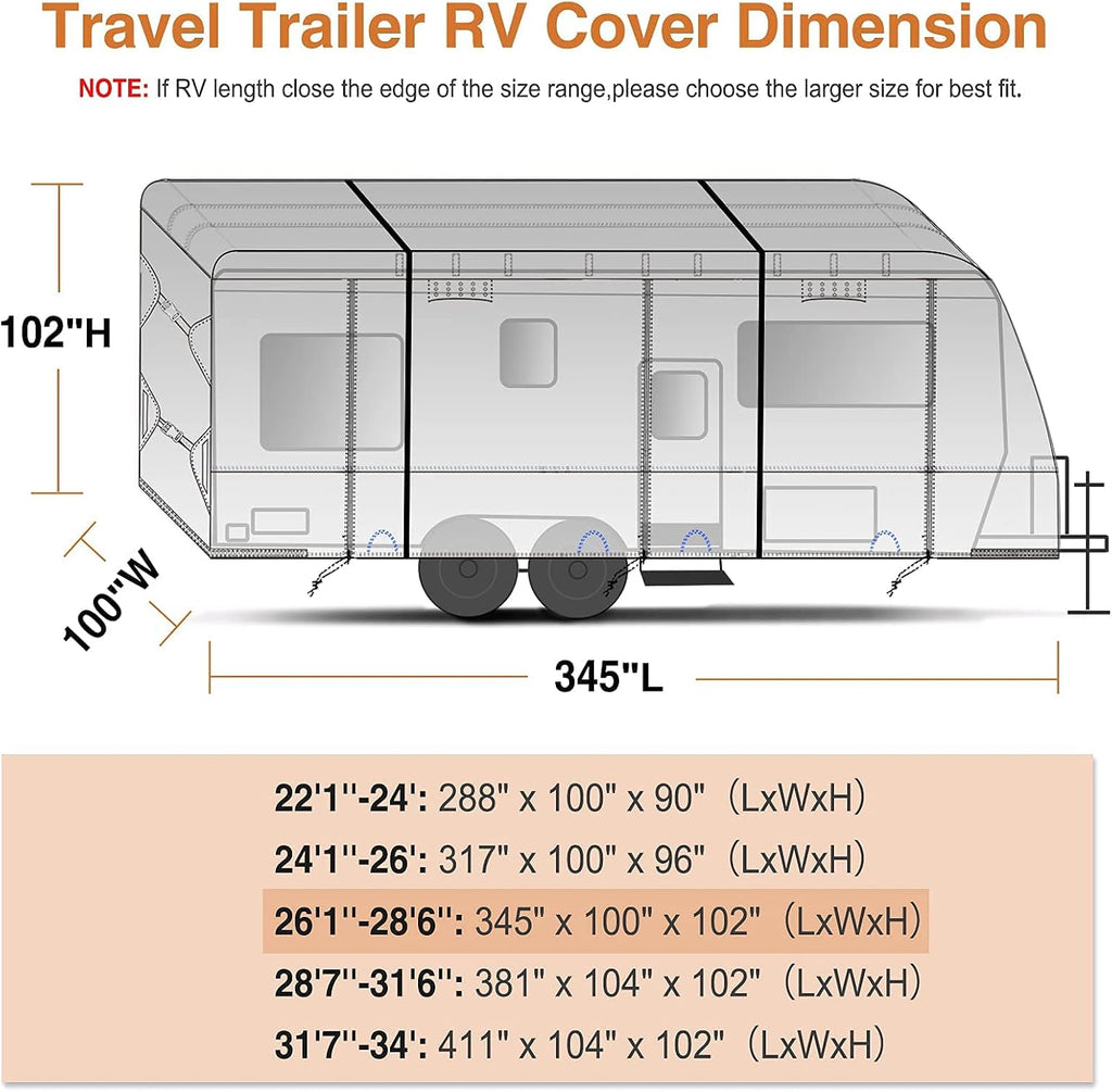 Waterproof 210D Travel Trailer RV Cover Windproof Breathable for 26'1"-28'6" with 4 Gutter Spout Covers Tongue Jack Cover Extra 2 Windproof Straps A2334