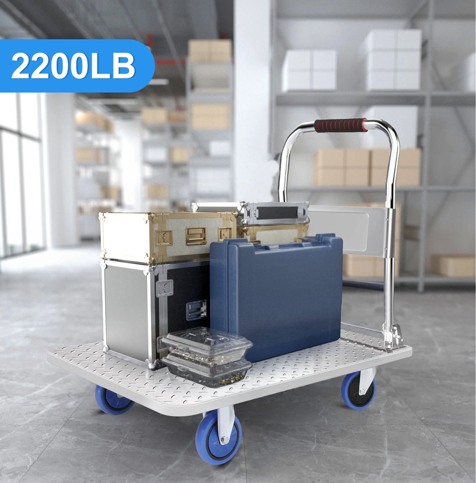Steel Plate Platform Cart, 2200 lb Capacity, 360 Degree Swivel Wheels, Foldable, 35x22.8x33 Inches F39429