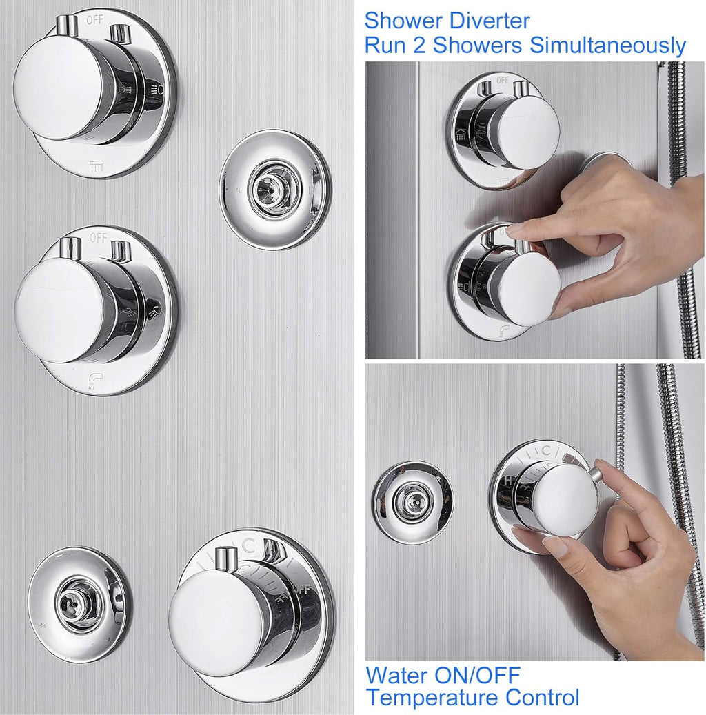 Shower Panel with LED Rainfall Waterfall Showerhead, 4 Mist Jets, 2 Body Sprays, Handheld and Waterfall Tub Spout, Stainless Steel Brushed B1236