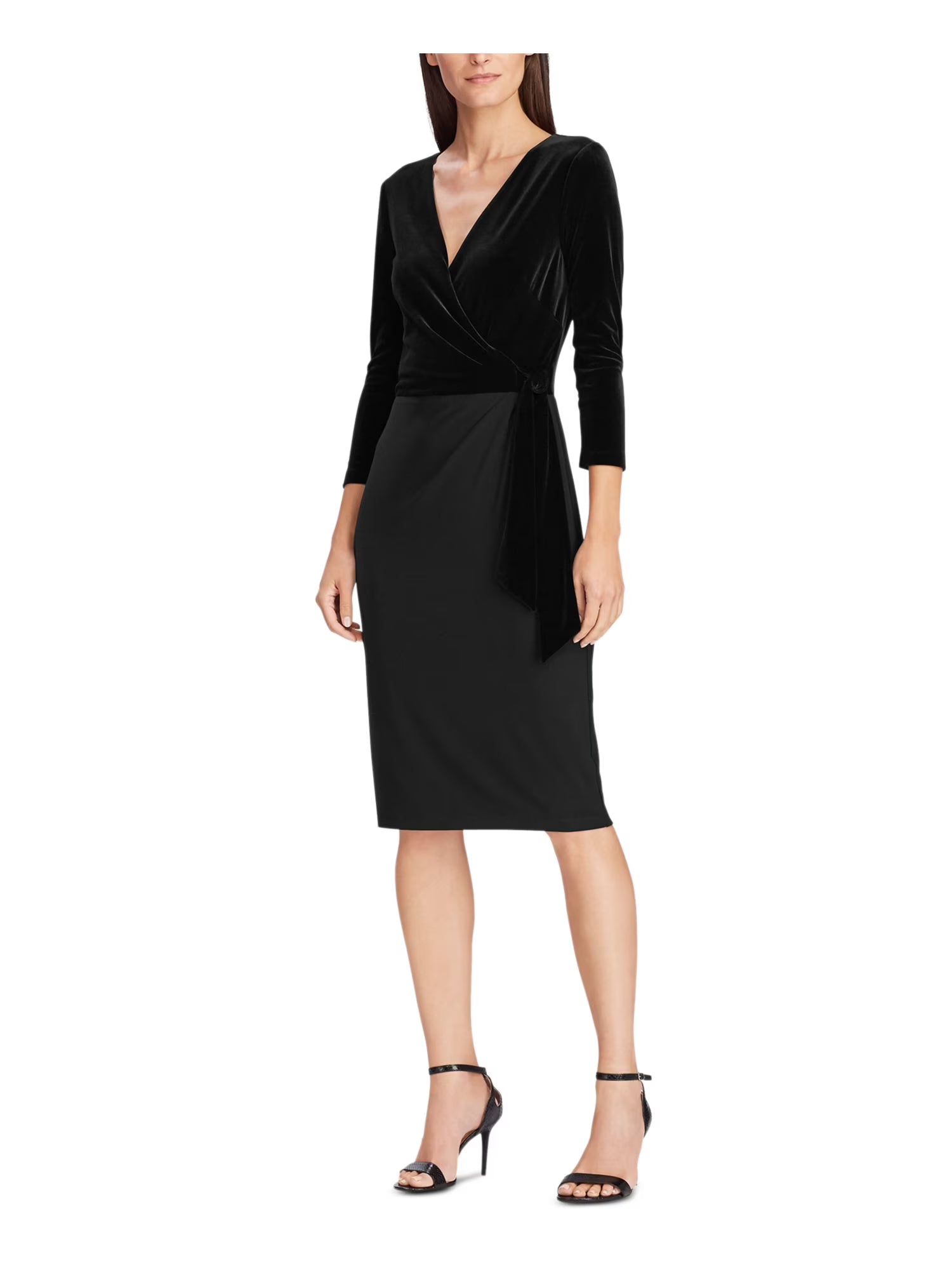 Black 3/4 Sleeve Midi Wrap Dress V5247