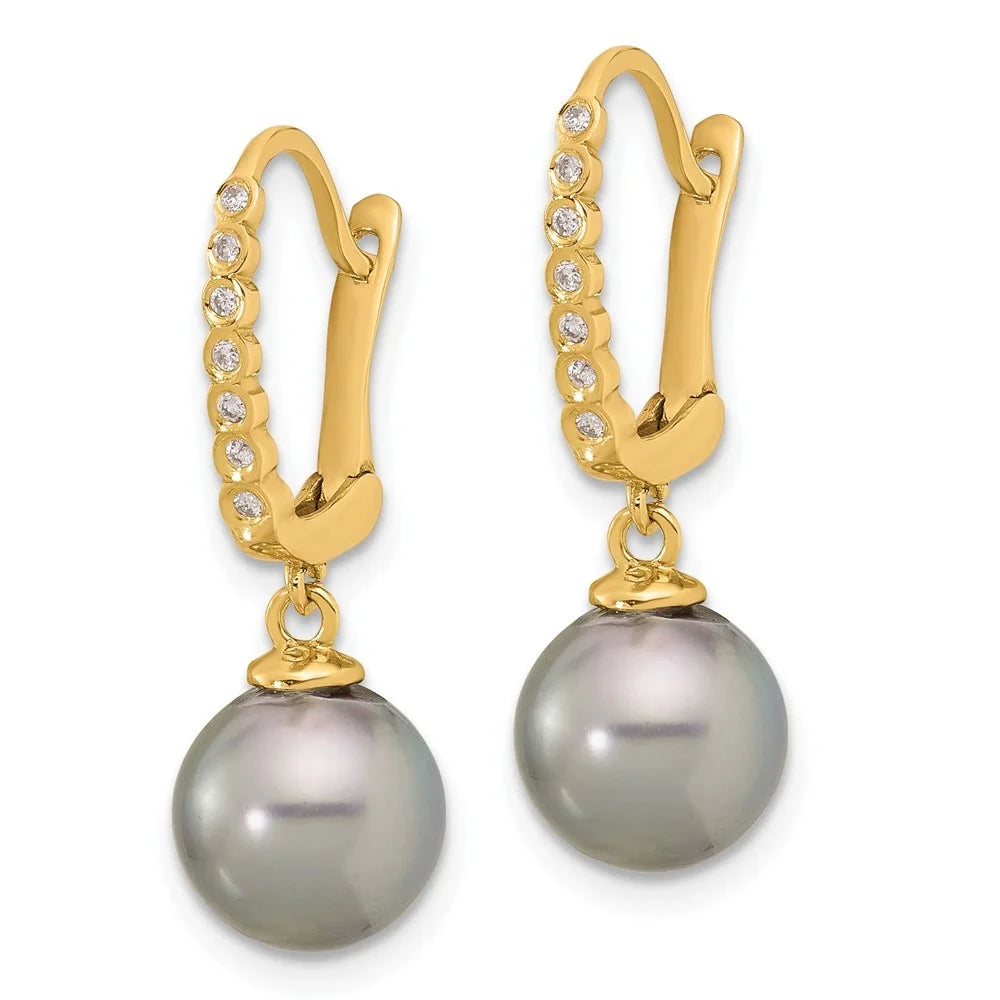 14k Yellow Gold Black Tahitian Pearl Diamond Dangle Earrings I338