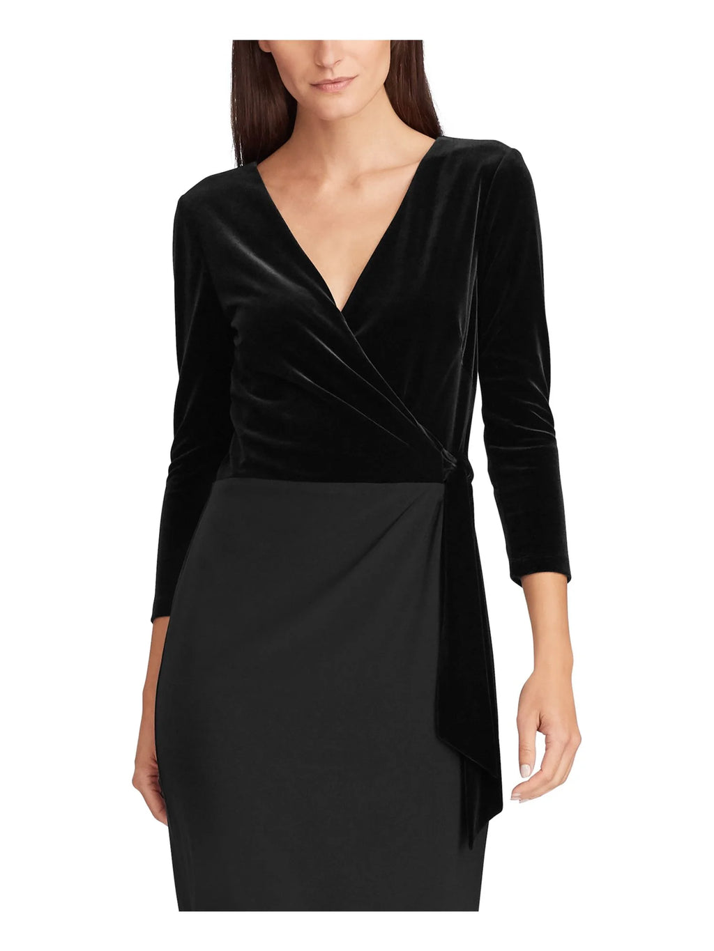 Black 3/4 Sleeve Midi Wrap Dress V5247