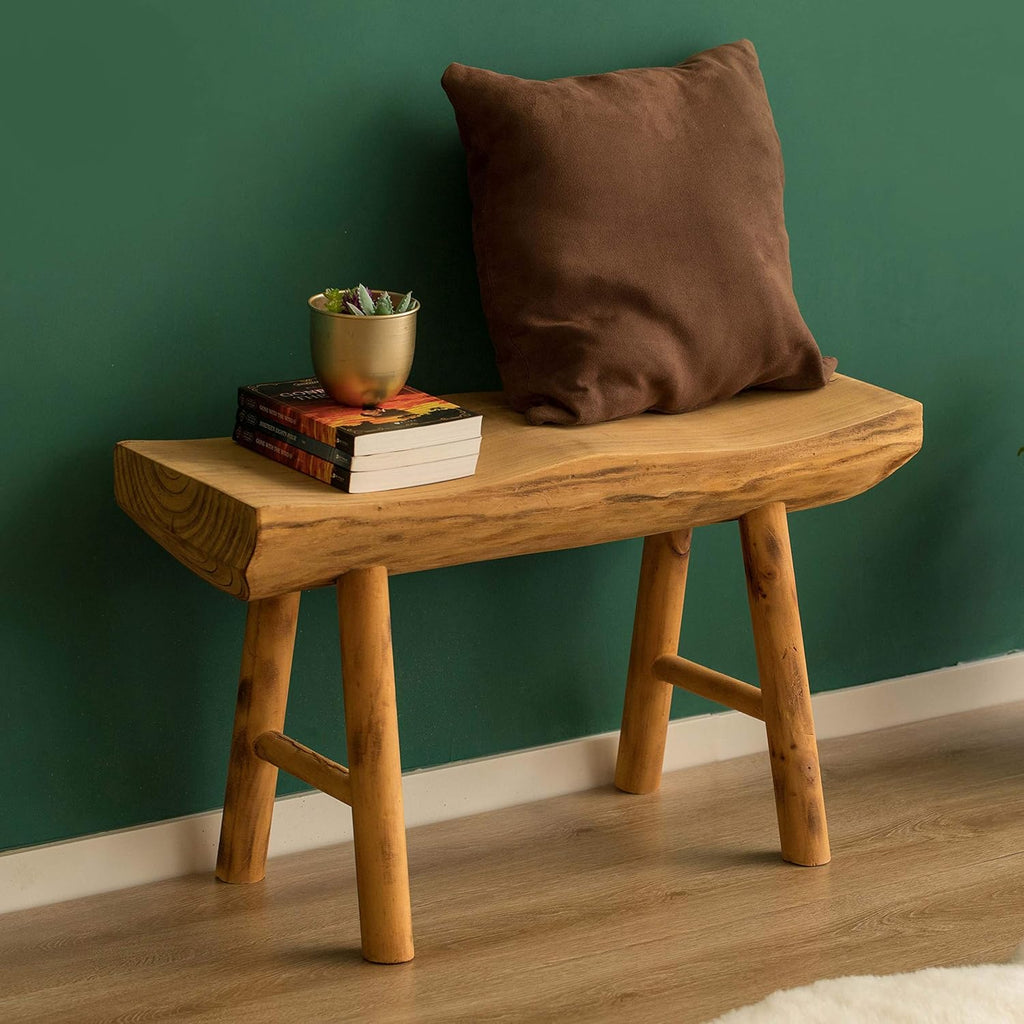 Rustic Carved Wood Natural Edge Accent Bench N16018