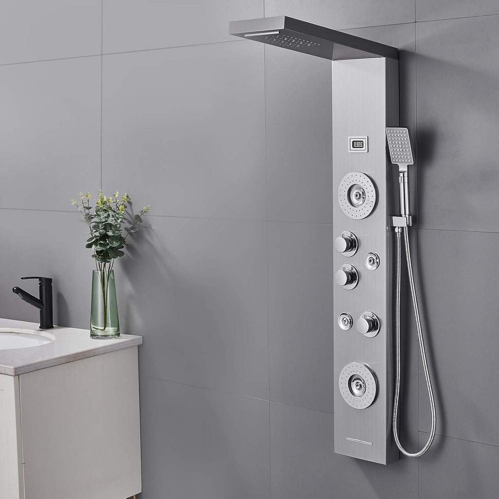 Shower Panel with LED Rainfall Waterfall Showerhead, 4 Mist Jets, 2 Body Sprays, Handheld and Waterfall Tub Spout, Stainless Steel Brushed B1236