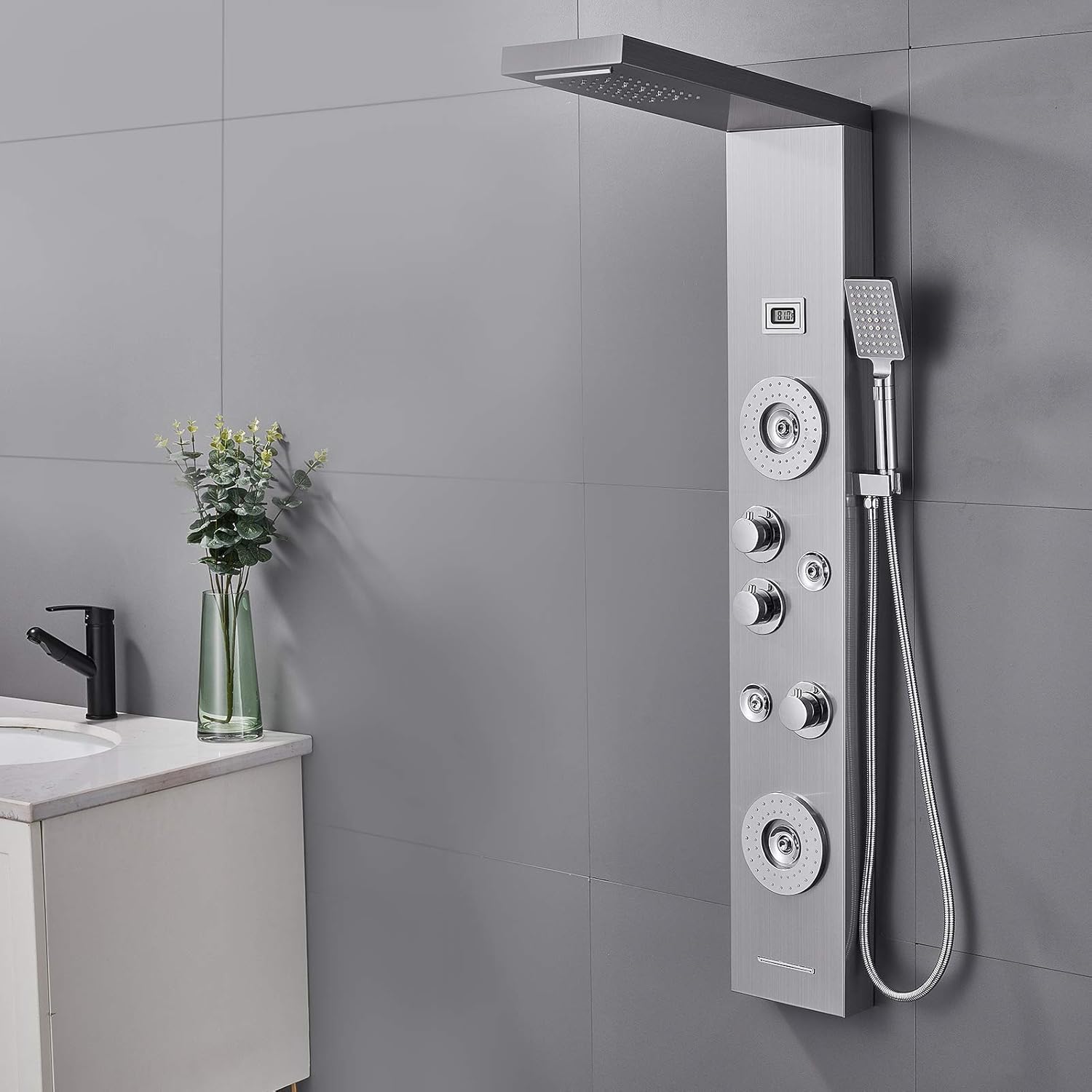 Shower Panel with LED Rainfall Waterfall Showerhead, 4 Mist Jets, 2 Body Sprays, Handheld and Waterfall Tub Spout, Stainless Steel Brushed B1236
