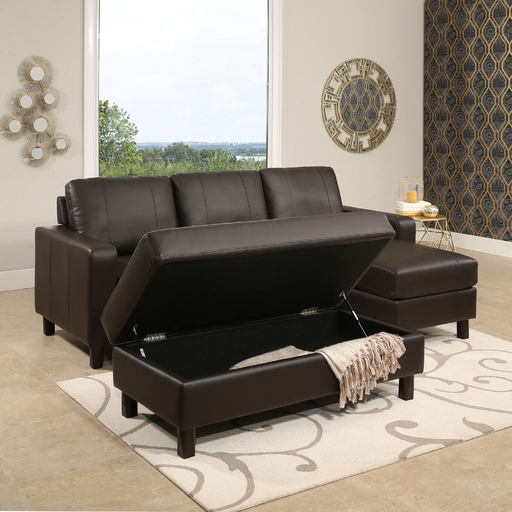 Brown Leather Reversible Sectional and Ottoman Y257