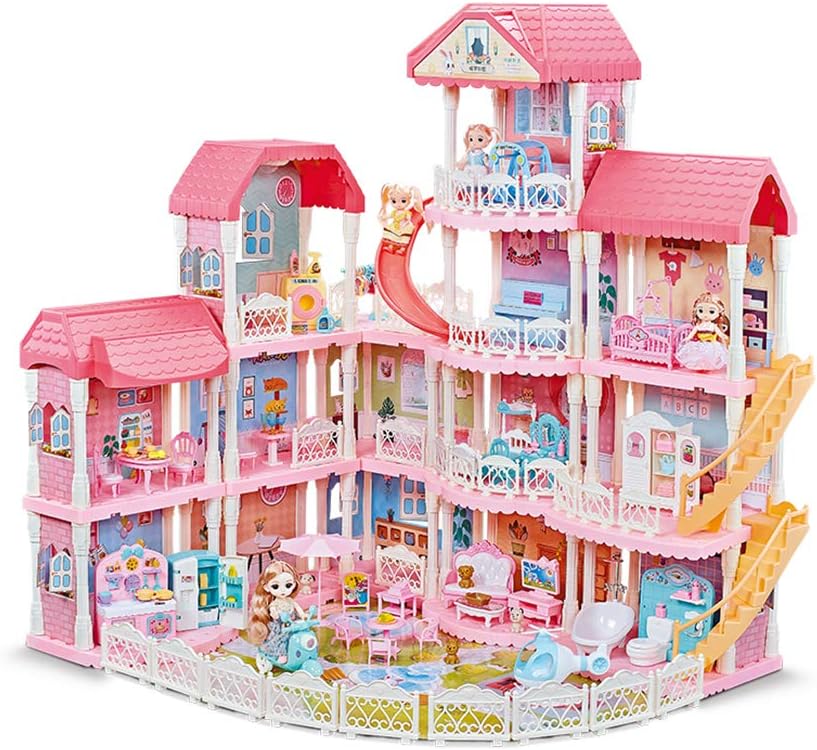 Dollhouse with Furniture Accessories 15 Rooms Pink Pretend Play Doll House Toy Playset O287820