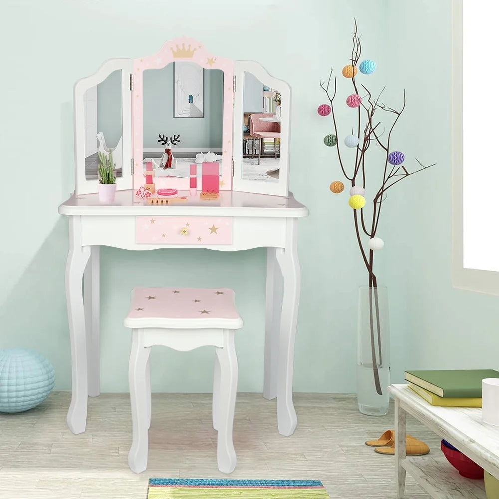 Wooden Toy Vanity Set with Wood Stool and Single Drawer B9590