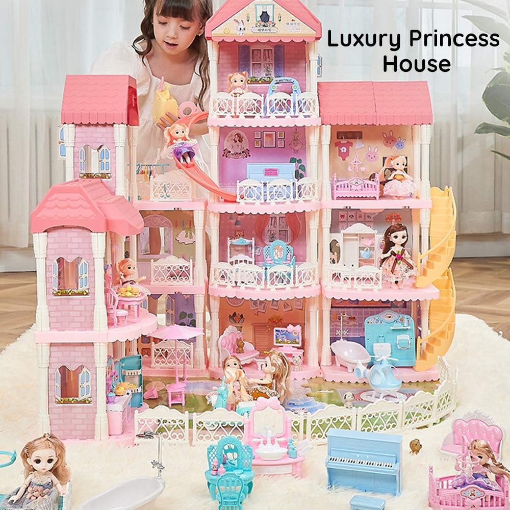 Dollhouse with Furniture Accessories 15 Rooms Pink Pretend Play Doll House Toy Playset O287820