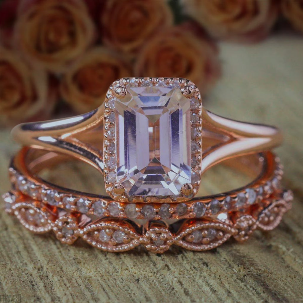 Emerald Cut Morganite Trio Ring Set with 18k Gold Plating C295497