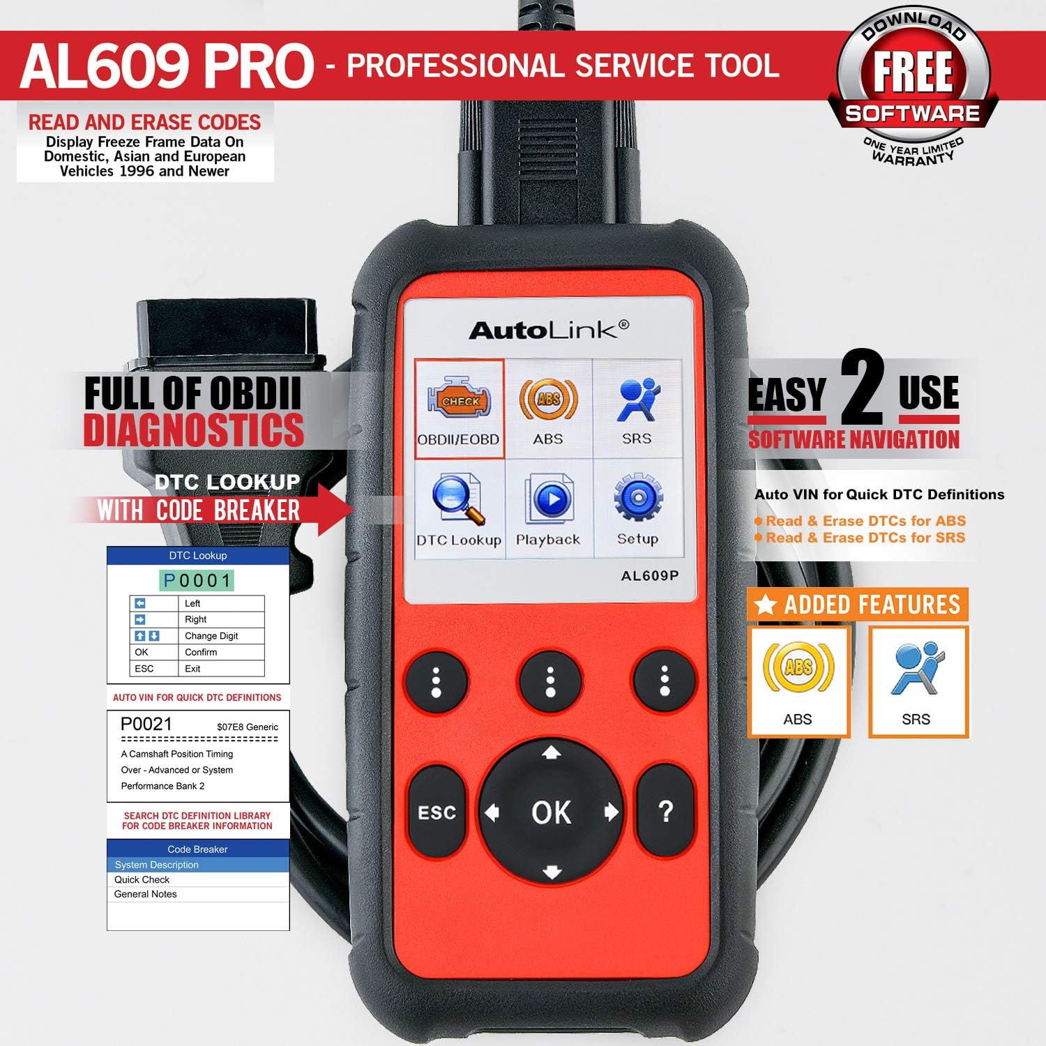 OBD2 Scanner with ABS and SRS Airbag Diagnostic R84014