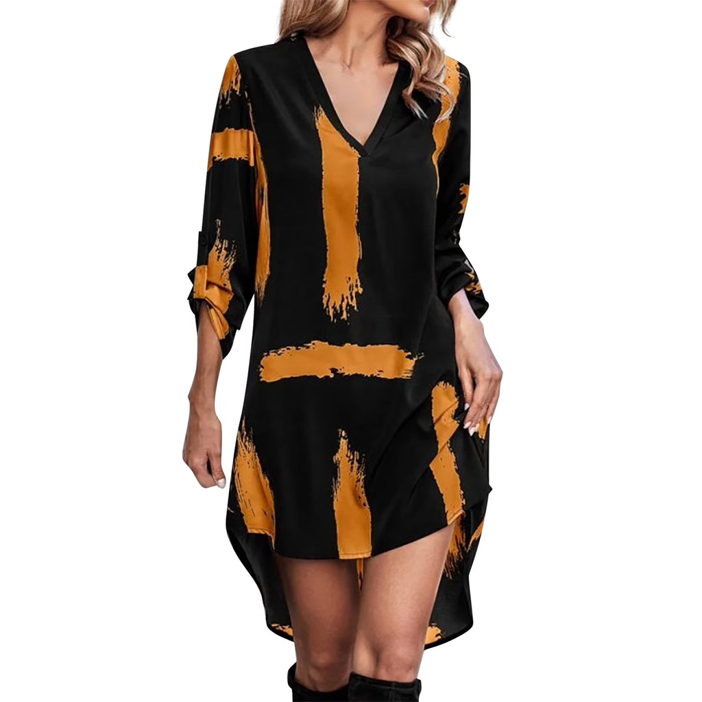 Printed V Neck Casual Knee Length Dress D76870