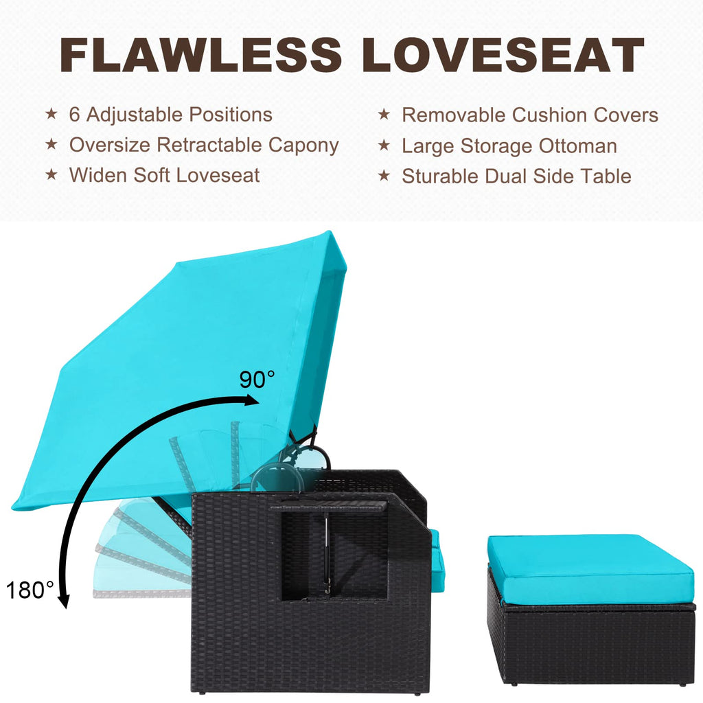 Outdoor Rattan Sofa Set with Retractable Canopy, Side Table, Ottoman, Cushion W65784
