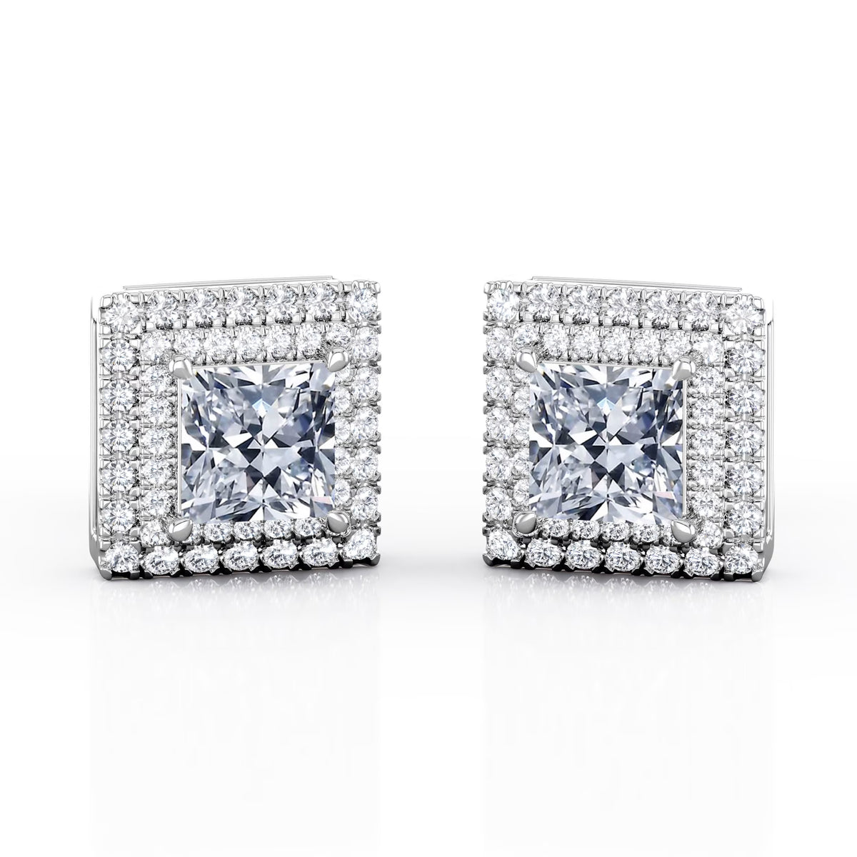 0.58 Carat Princess Diamond Stud Earrings in 18K White Gold Plating over Silver J221