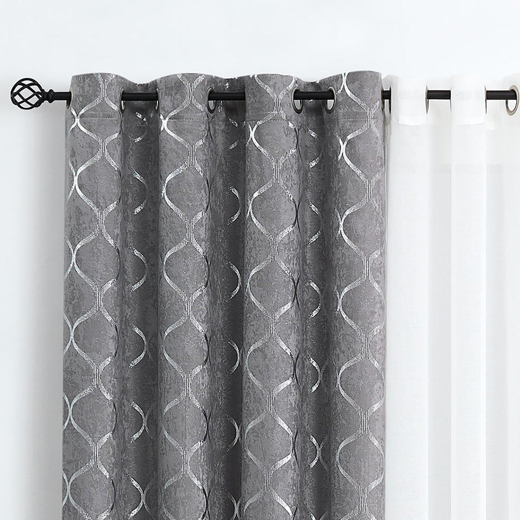 Grommet Blackout Curtain Silver Geometric Metallic, 52x63, Grey, 4 Panels D67598