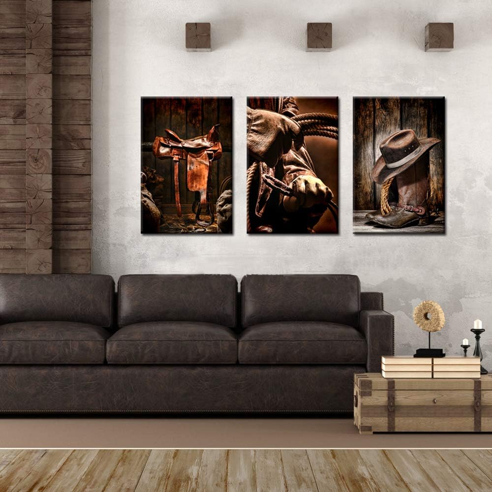 3 Pieces Canvas Prints Cowboy Wall Art Painting Brown Straw Hat Leather Rancher Roper Boots Picture on Canvas Vintage Artwork Stretched X9194