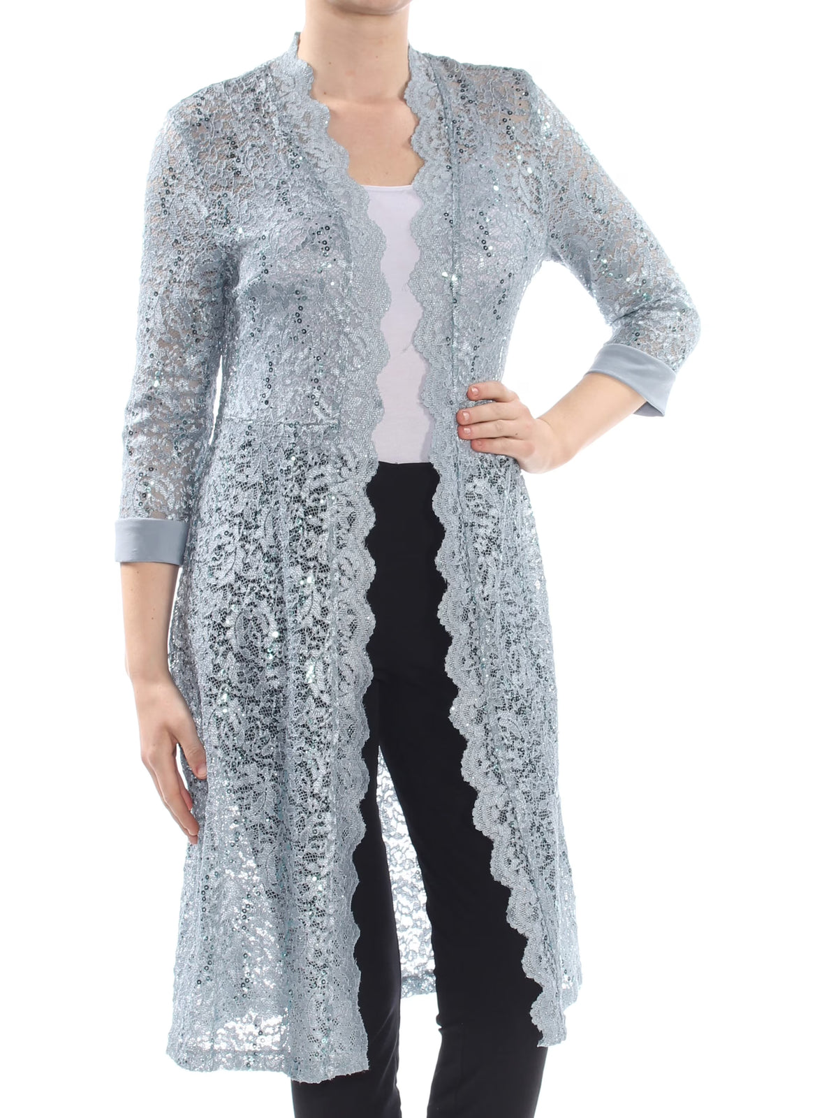Blue Lace Sequined Floral 3/4 Sleeve Open Cardigan Top H760
