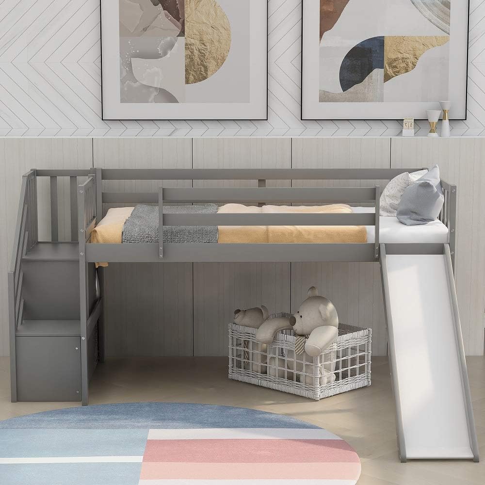 Twin Loft Beds with Slide and Staircase F6057