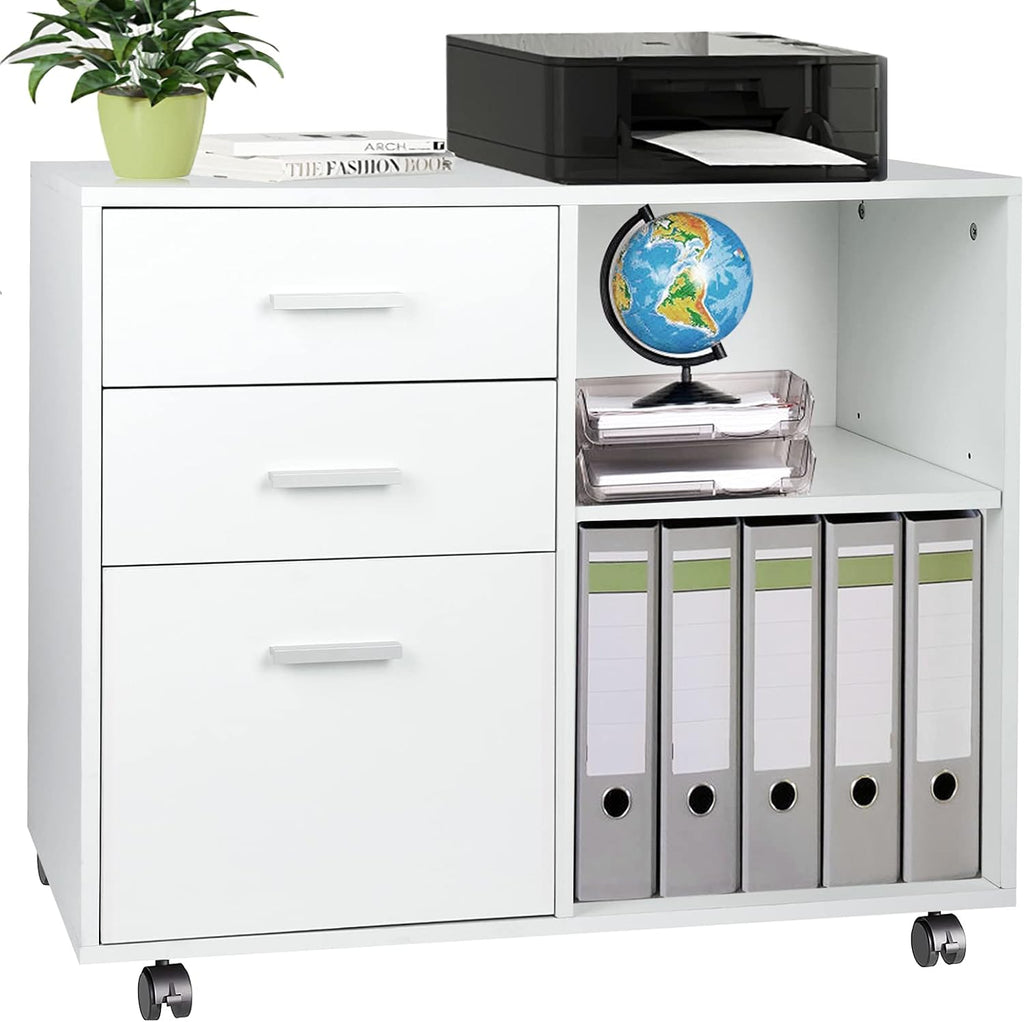 Black 3-Drawer Mobile Wood File Cabinet with Open Storage Shelves L548604