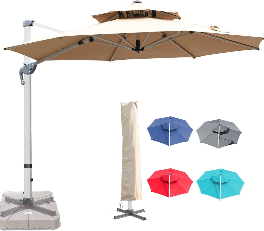 Khaki 10 x 10 FT Square Cantilever Umbrella with Cross Base and Cover E121988