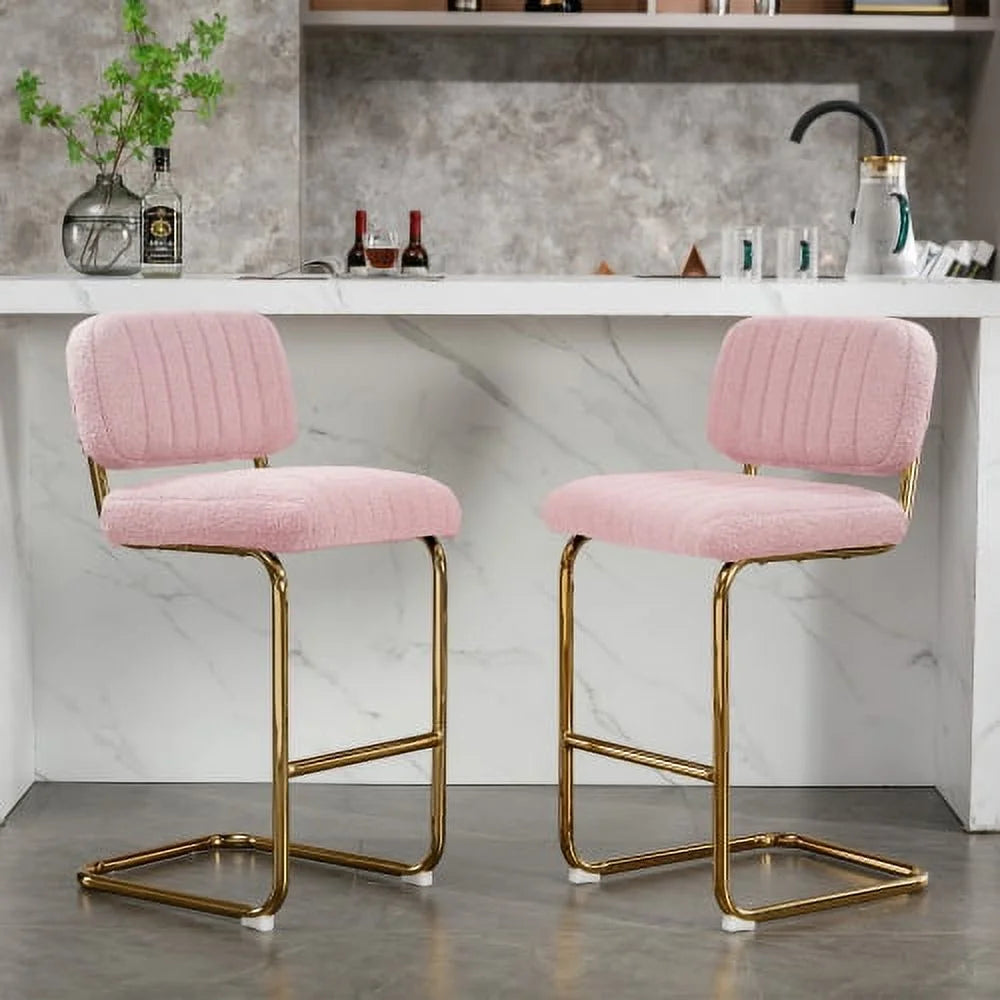 Pink Boucle Fabric Counter Height Bar Stools Set of 2 N396