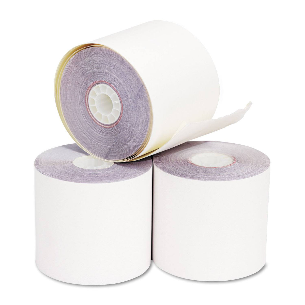 2.25x22 x 70 ft White Canary Carbonless Paper Rolls, 50/Carton R1984