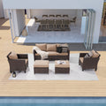 5-Piece Patio Sofa Set Brown Rattan Outdoor Furniture Three-Seat Sofa Ottomans N3650