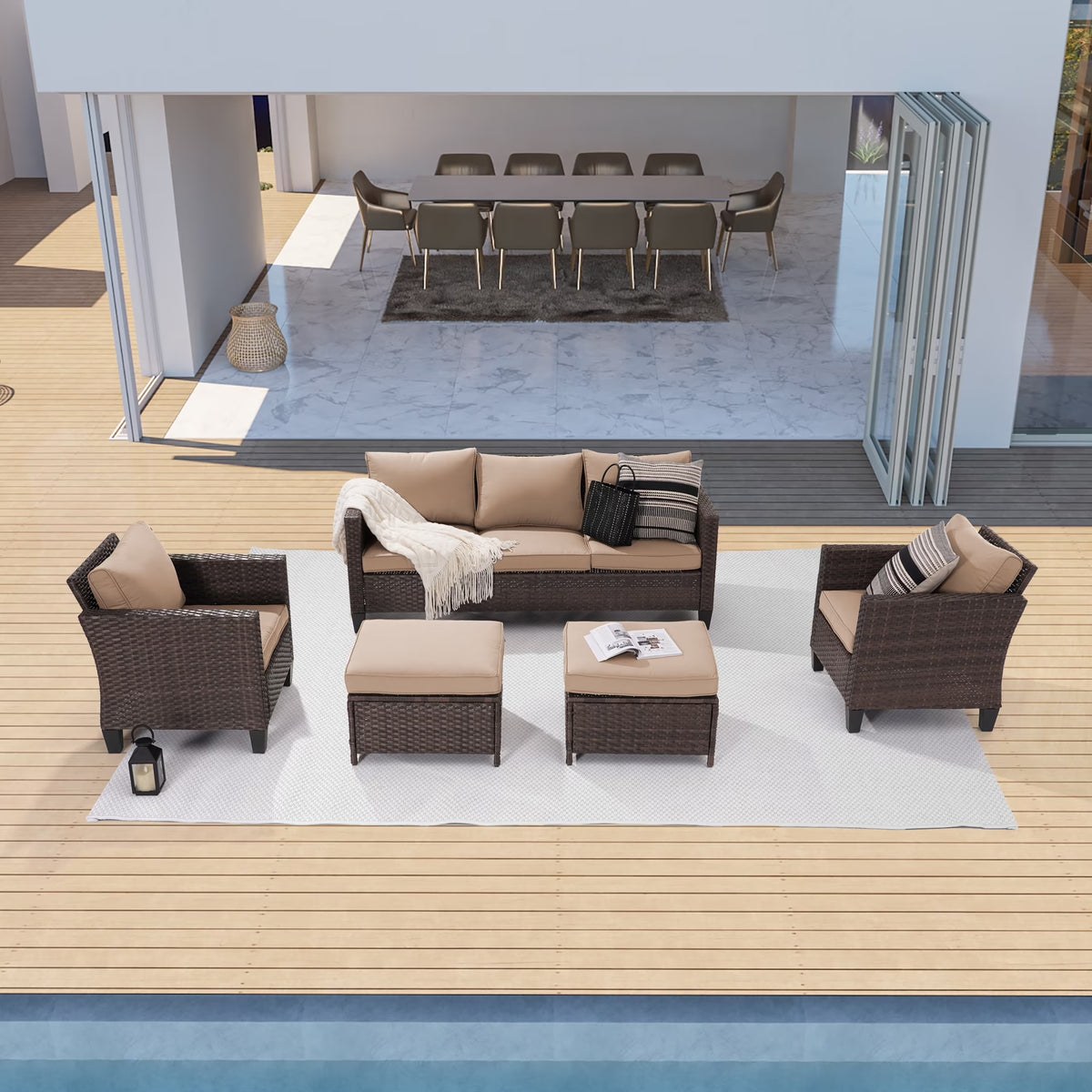 5-Piece Patio Sofa Set Brown Rattan Outdoor Furniture Three-Seat Sofa Ottomans N3650