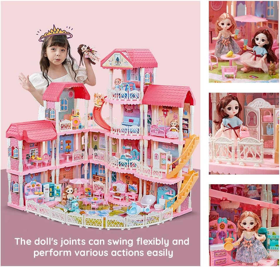 Dollhouse with Furniture Accessories 15 Rooms Pink Pretend Play Doll House Toy Playset O287820