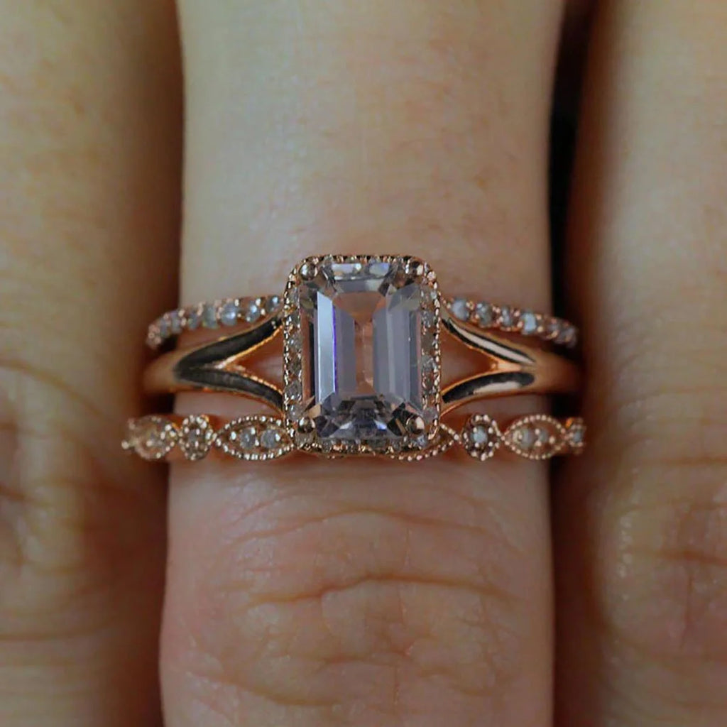 Emerald Cut Morganite Trio Ring Set with 18k Gold Plating C295497