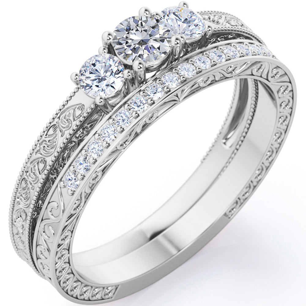 1.75 Carat Round Cut Moissanite Cathedral Wedding Ring Set in 18K White Gold Plating over Silver S8019