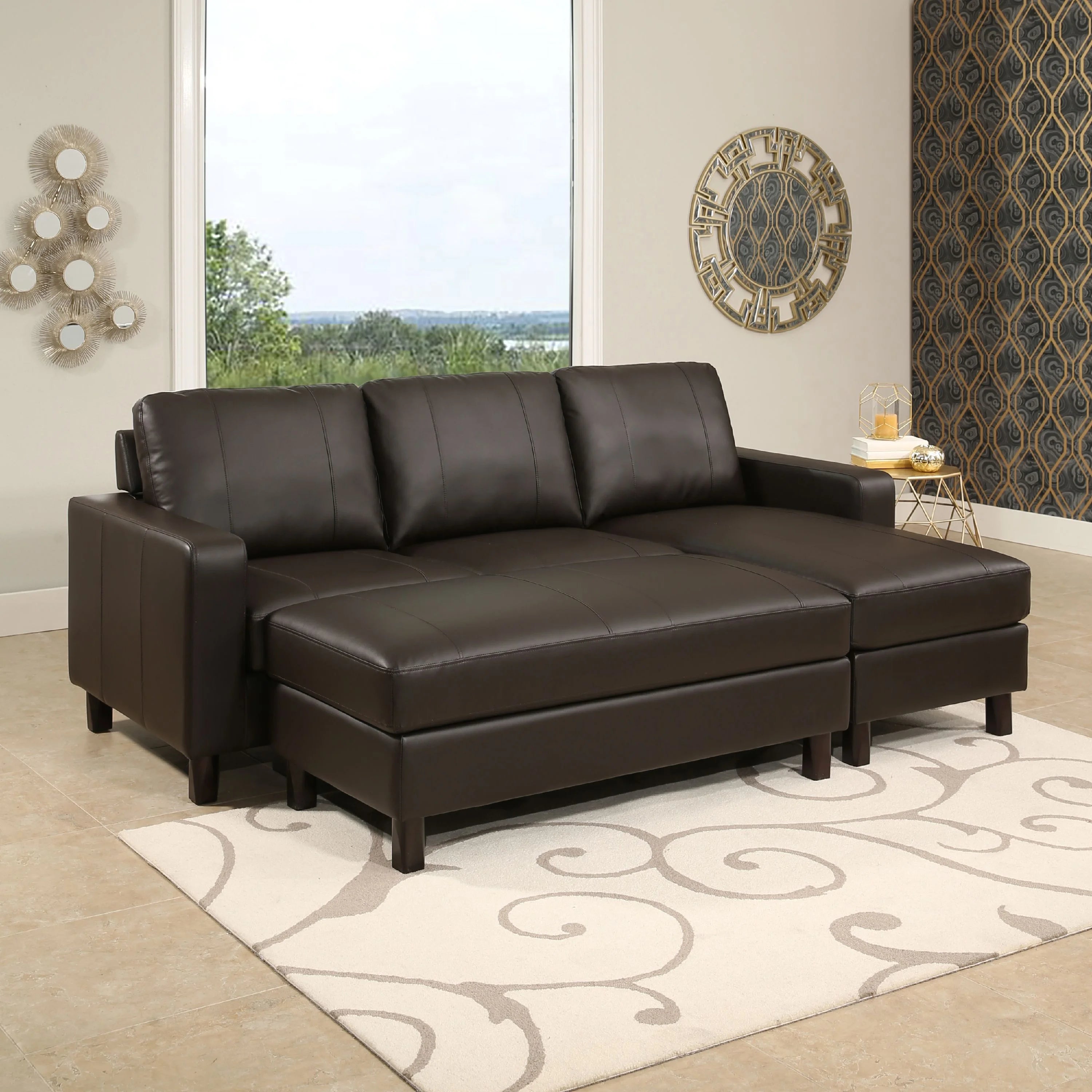 Brown Leather Reversible Sectional and Ottoman Y257