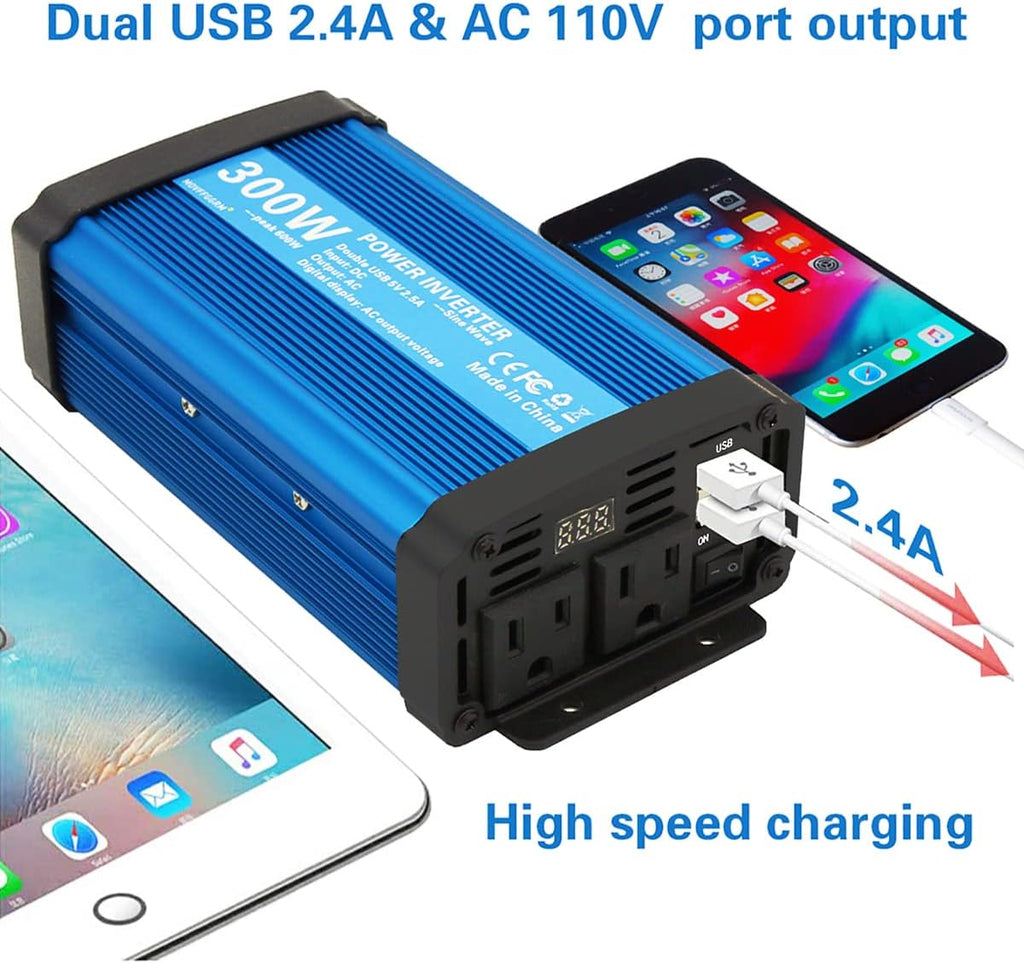 300W Pure Sine Wave Power Inverter DC 12V to 110V AC with 2.4A Dual USB, Pack of 2 K6966