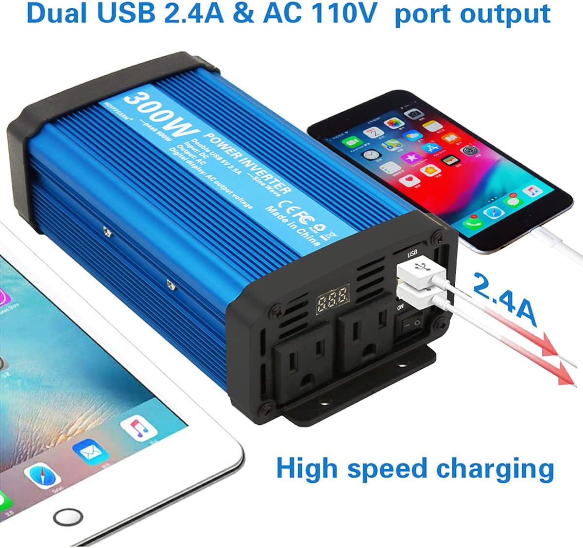 300W Pure Sine Wave Power Inverter DC 12V to 110V AC with 2.4A Dual USB, Pack of 2 K6966