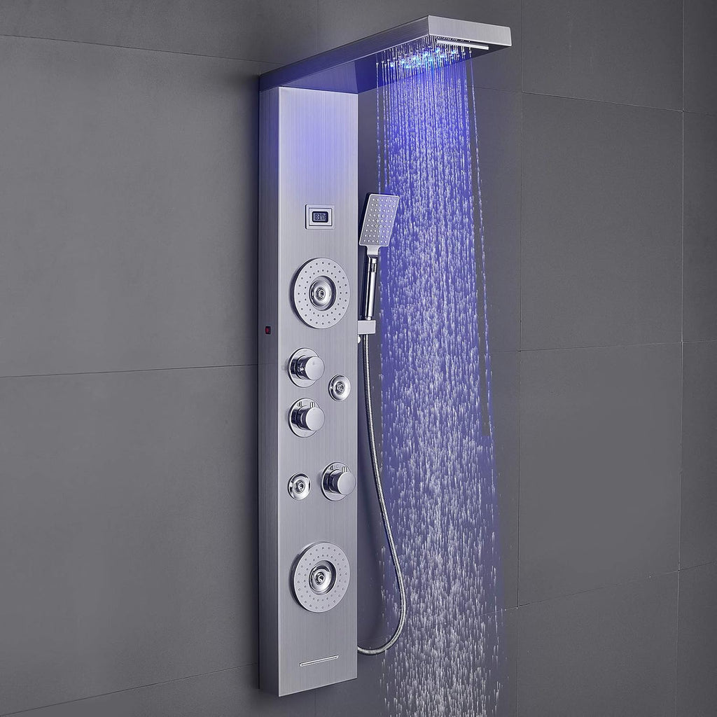Shower Panel with LED Rainfall Waterfall Showerhead, 4 Mist Jets, 2 Body Sprays, Handheld and Waterfall Tub Spout, Stainless Steel Brushed B1236